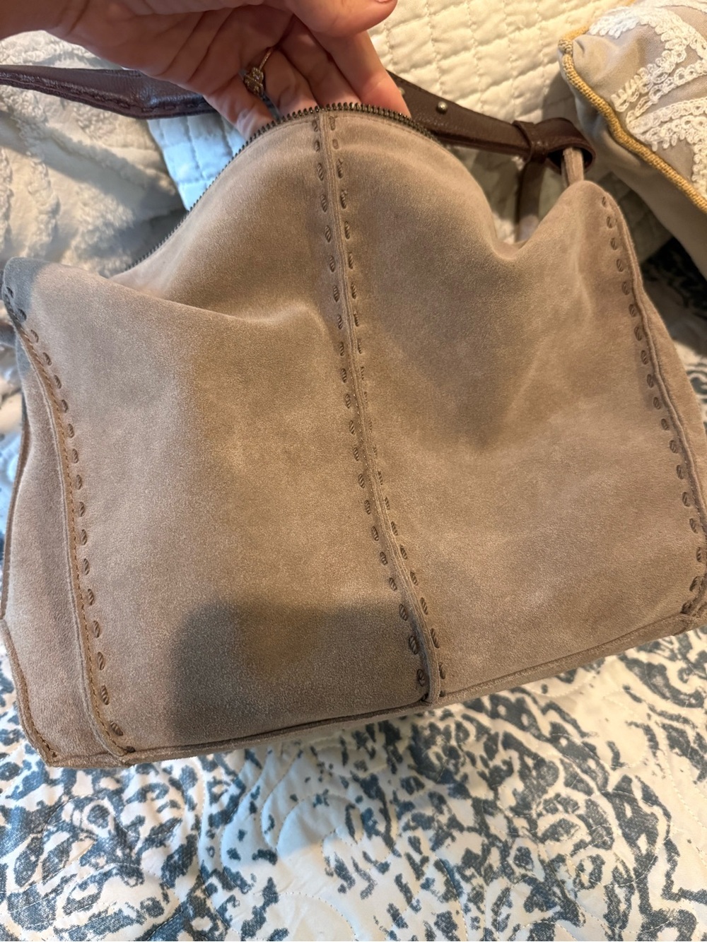 The Sak Taupe Suede Shoulder Bag with Dark Brown Strap - Picture 2 of 4